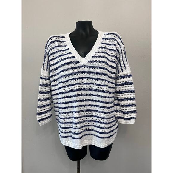 Cabi Sweater Sz S White Blue Striped Oversize V-Neck Open Weave Coastal Beachy - Picture 1 of 5